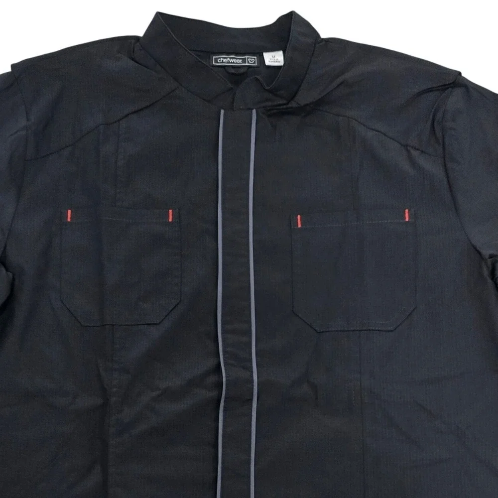 Chefwear Mens Black Ripstop Short Sleeve Chef Coat‎ Shirt Snap Front Size M NWT